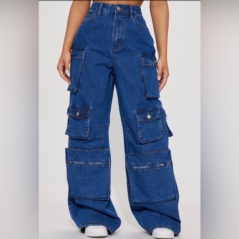 Petite Lily High Rise Cargo Jeans-Medium Blue Wash